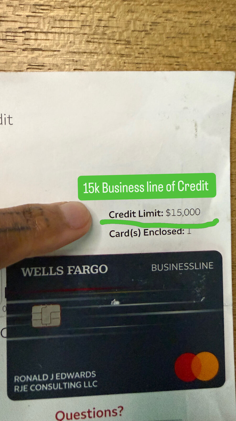 $15,000 Wells Fargo Business Line — Ronald Edwards