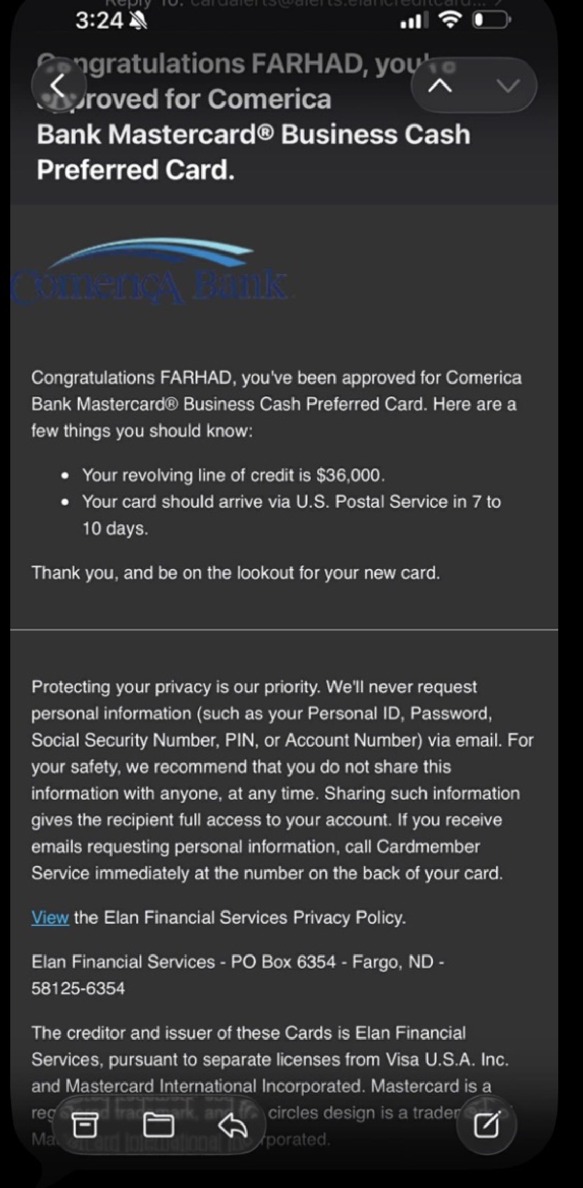 $36,000 Comerica Business Card — Farhad