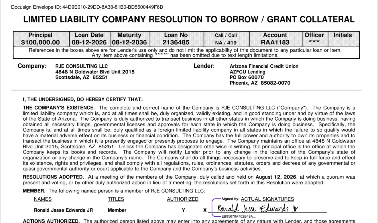 $100,000 LLC Business Loan through AZFCU — RJE Consulting