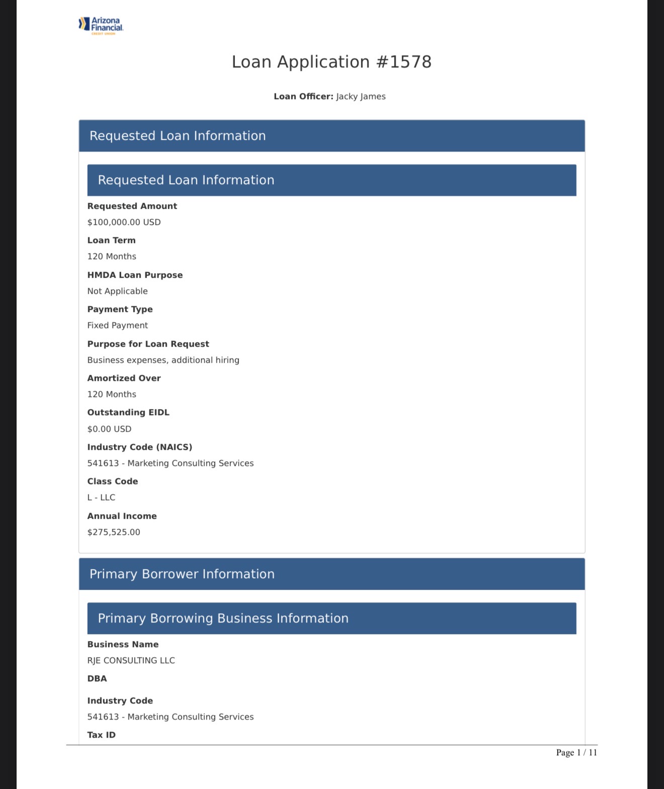$100,000 Business Loan — RJE Consulting